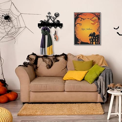 Miniatura 5 de Soporte para llaves de pared, gancho para llaves Jack Decor con 5 ganchos, decoración de esqueleto de Halloween, arte de pared de calavera,