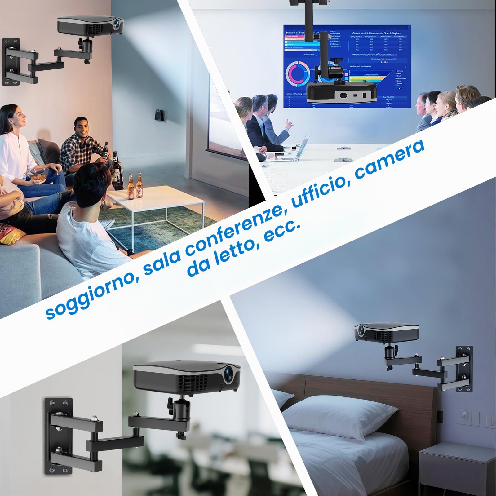 Supporto da Parete per Proiettore Pieghevole, Staffa da Soffitto per Proiettore con viti da 1/4 con Rotazione a 360° per Home Theatre, Ufficio e Sala Giochi