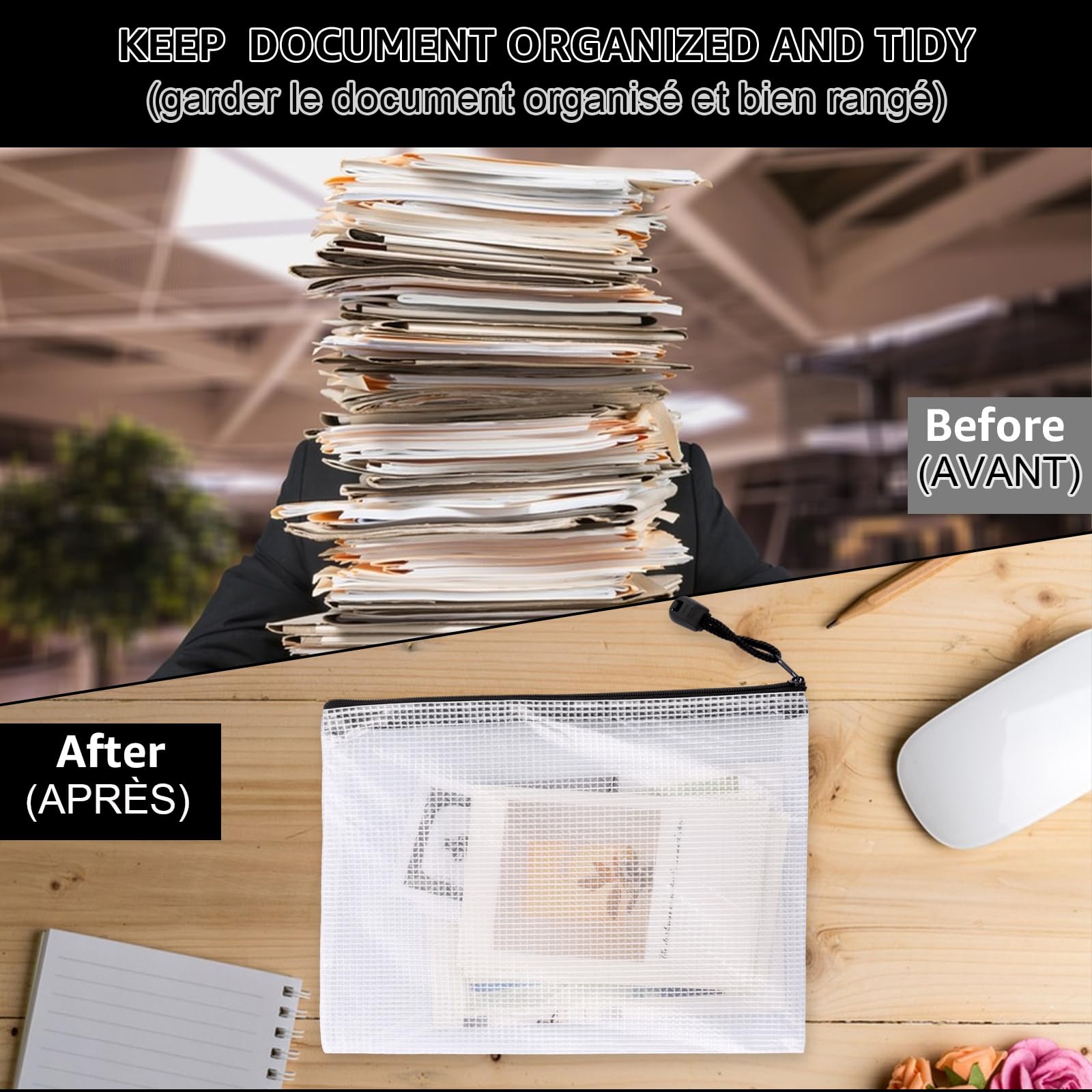 40PCS Pochette Zippée A5 Noire Transparente PVC - Document Zip Mesh Zipper Pouch pour Fichiers, Papier, Documents, Cosmétiques, Devoirs