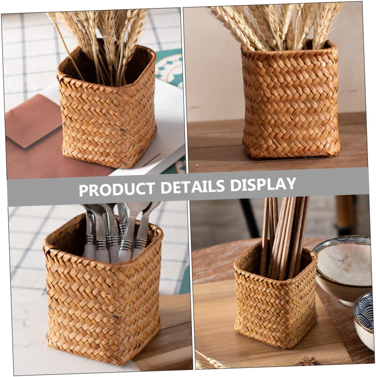 OSALADI Makeup Seagrass Weaving Remote Desk Organizer Pencil Small Vase Wicker Utensil Plant Office Brush Straw Pen Basket Rattan Trash Can Holder Desktop