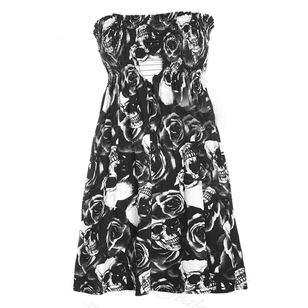 WOMENS RED TARTAN PRINT STRAPLESS BOOBTUBE SHEERING GATHER VEST TOP SIZE 8-14 (M/L, ROSE SKULL PRINT)