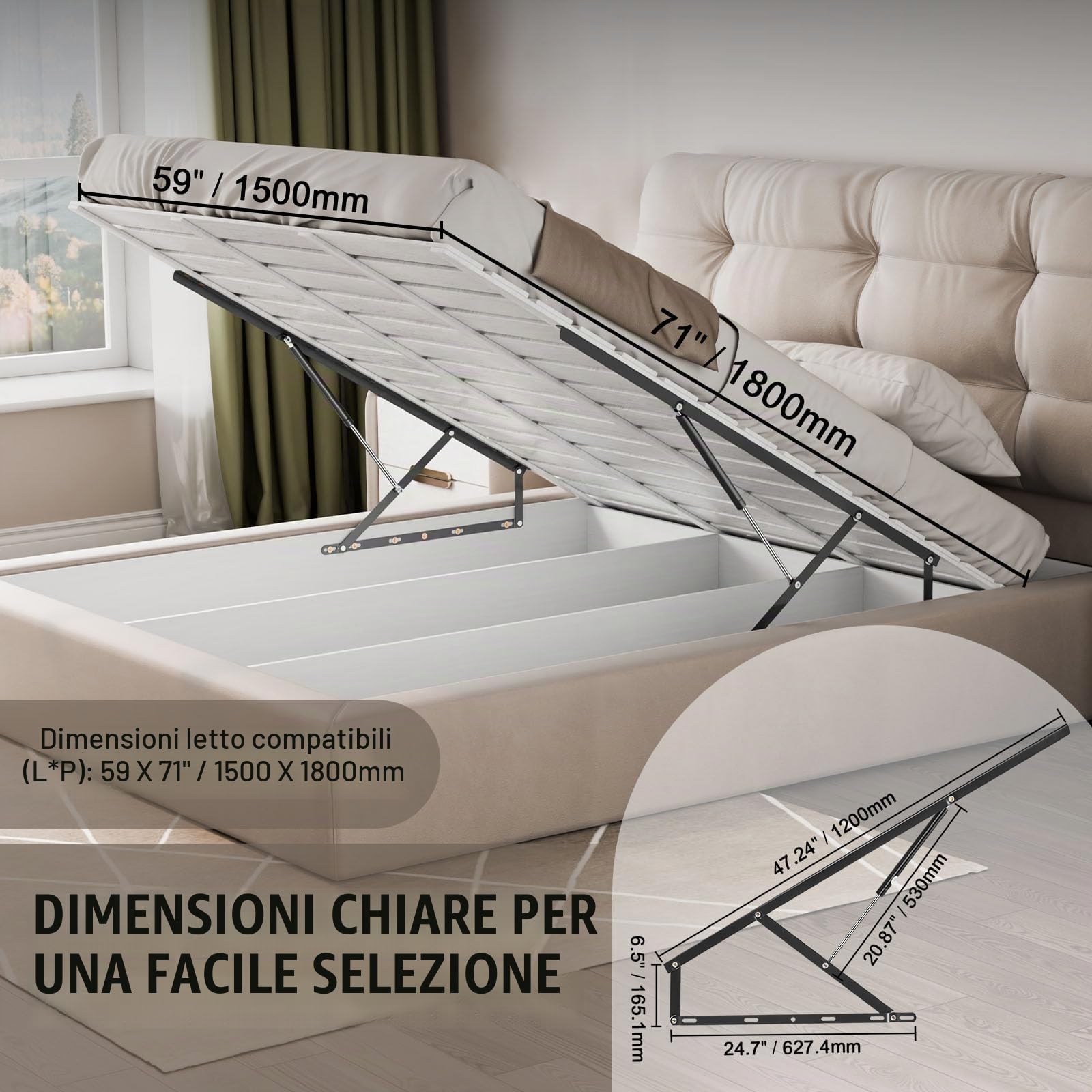 VEVOR Sollevatore per Letto, Dimensioni Letto Compatibili 1500 x 1800 mm Kit Hardware Meccanico per Letto Murphy, Carico 70 kg Leva Pneumatica, Supporto Letto per Carichi Pesanti, Camera degli Ospiti