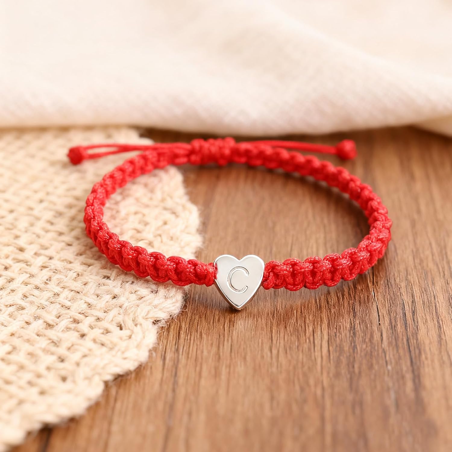 Trendy Silver Heart Initial C Red Strand Stack Bracelet for Women, Simple Stackable Letter Bracelets Accessories Prom Fashion Jewelry Gift - Image 5