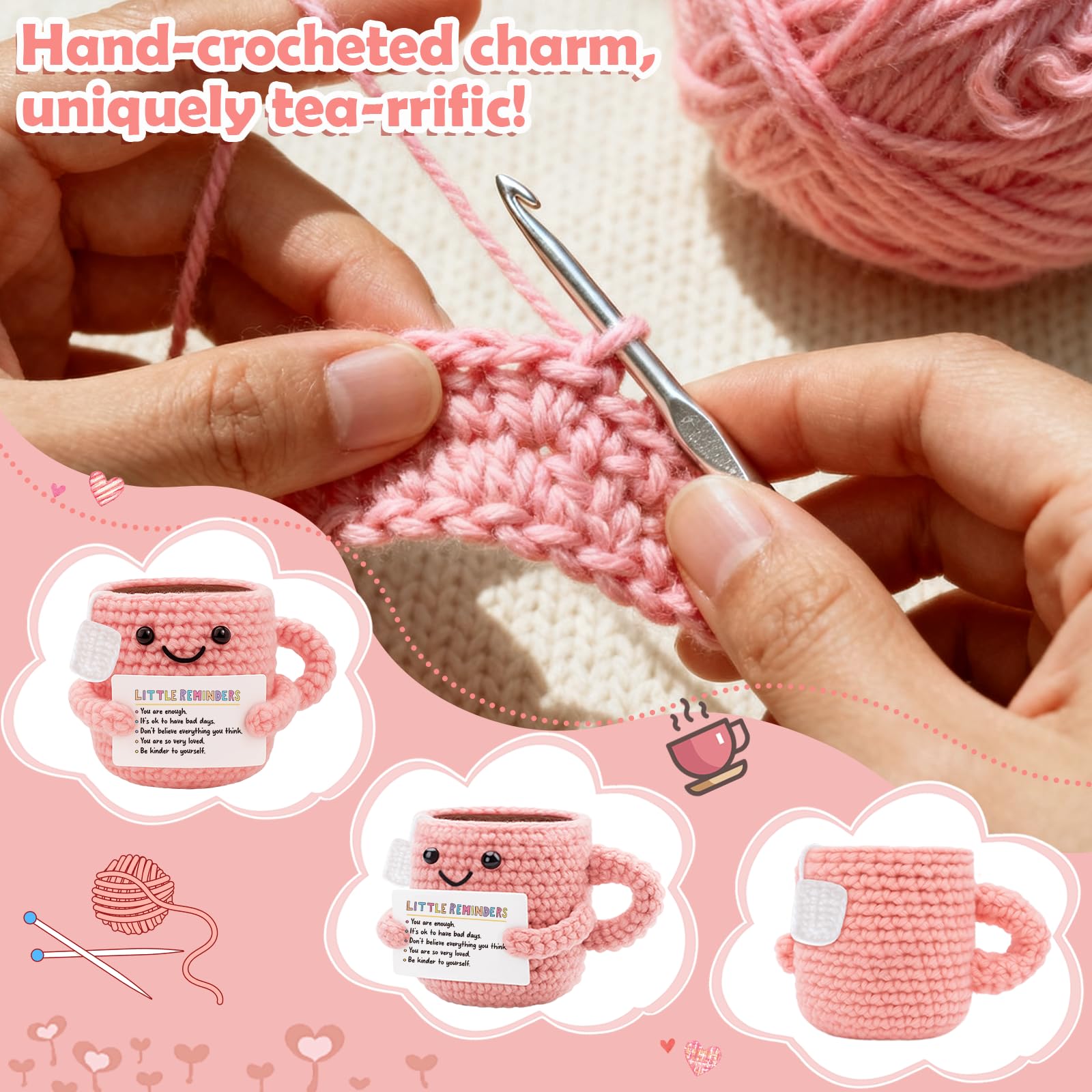 Cute Crochet Teacup - Mental Health Gifts with Positive Affirmations for Anxiety Relief - Cute Self Care, Encouragement Gift for Women, Friends - Little Reminders Desk Buddy