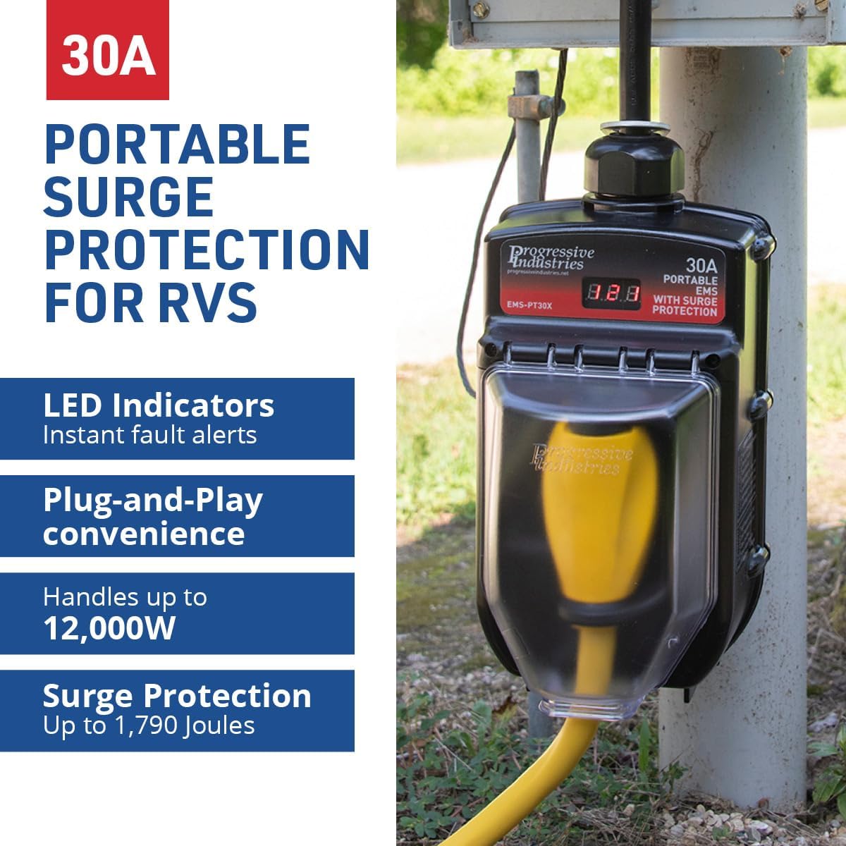 Progressive Industries EMS-PT30X Portable RV Surge Protector, Black, 30 Amp 30 Amp EMS Portable