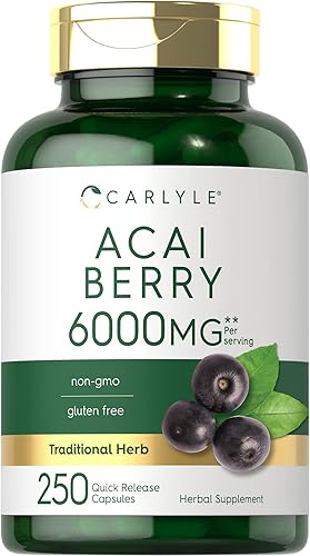 Cápsulas de bayas de acai  6000 mg  250 unidades  Extracto de bayas de acai sin OMG y sin gluten  por Carlyle