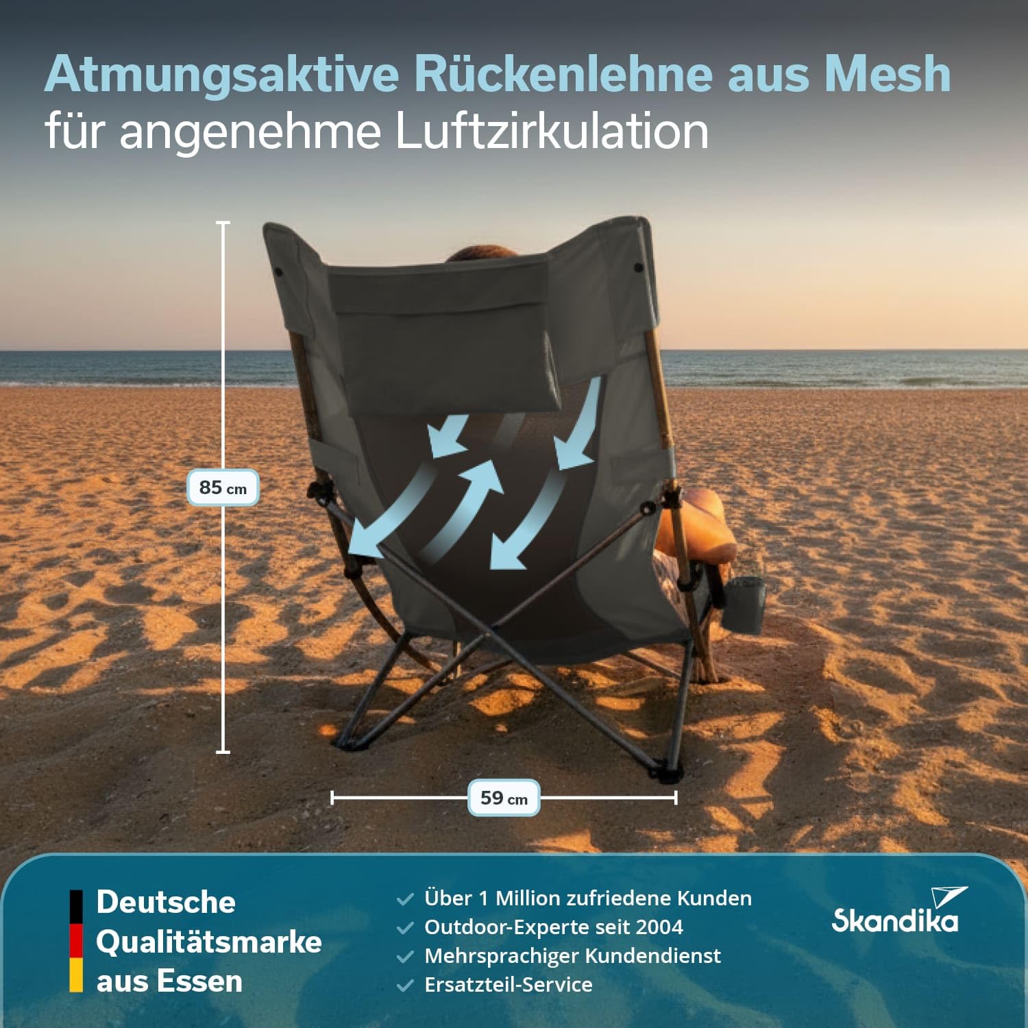 skandika Beach - Silla Plegable de Playa - Malla Transpirable, portavasos, fácil de Transportar y de Plegar - Peso máx. del Usuario 136 kg (Gris)