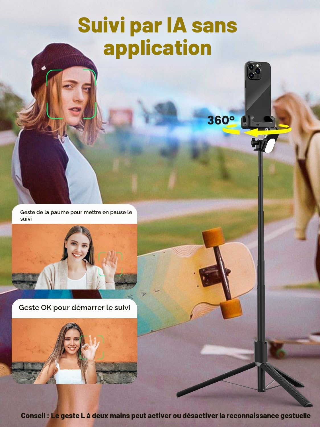 Stabilisateur de cardan avec Suivi du Visage sans Application, stabilisateur RVB 4 en 1, trépied portable pour iPhone et Android, Extension de 108 cm, AOCHUAN