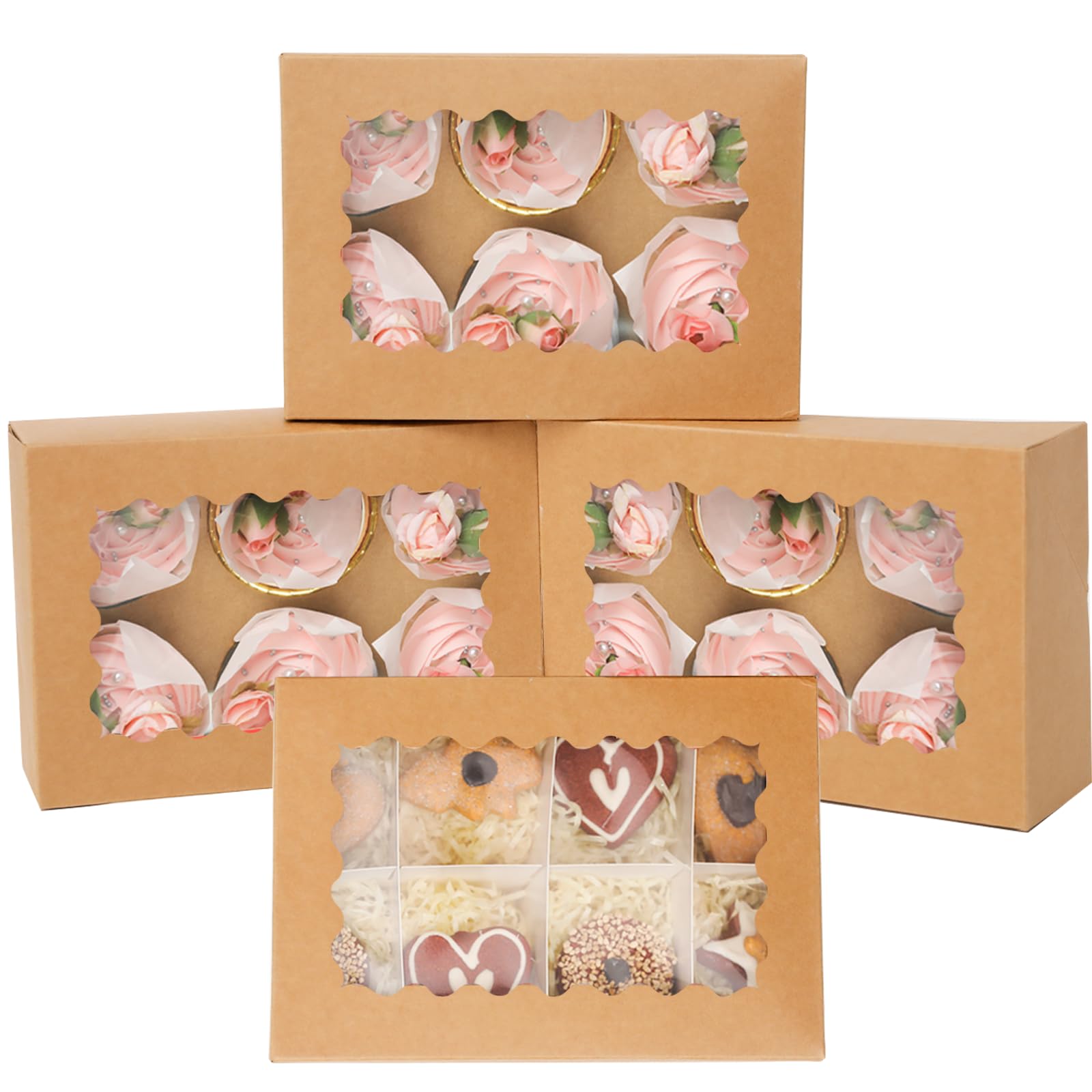 Gcardist Auto-pop Up Brown 6 Cupcake Boxes with Window Auto-pop up 30 Packs Cupcake Box 23.88x15.49x8.38 cm Bakery Boxes For Cupcakes Carrier, Cupcake Containers(9.4"x6.1"x3.3")