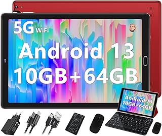 2023 Newest Tablet 10'' Android 13 10GB RAM+64GB ROM (TF 1TB), WiFi 5G/2.4G + Bluetooth 5.0, Google GMS, Widget, GPS, OTG, Type-C, Headphone Jack, 6000mAh, 8MP+5MP, con Case, Keyboard & Mouse, Red