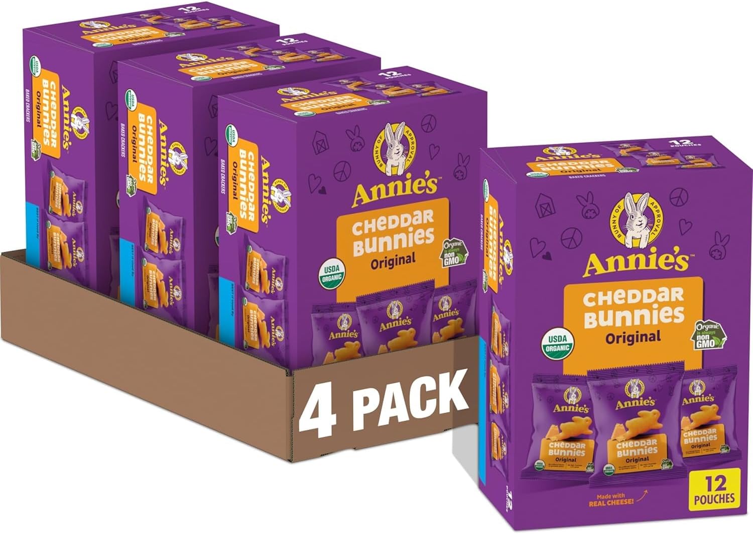 Annie's Organic Cheddar Bunnies Baked Snack Crackers, 12 oz., 12 Pouches (Pack of 4)