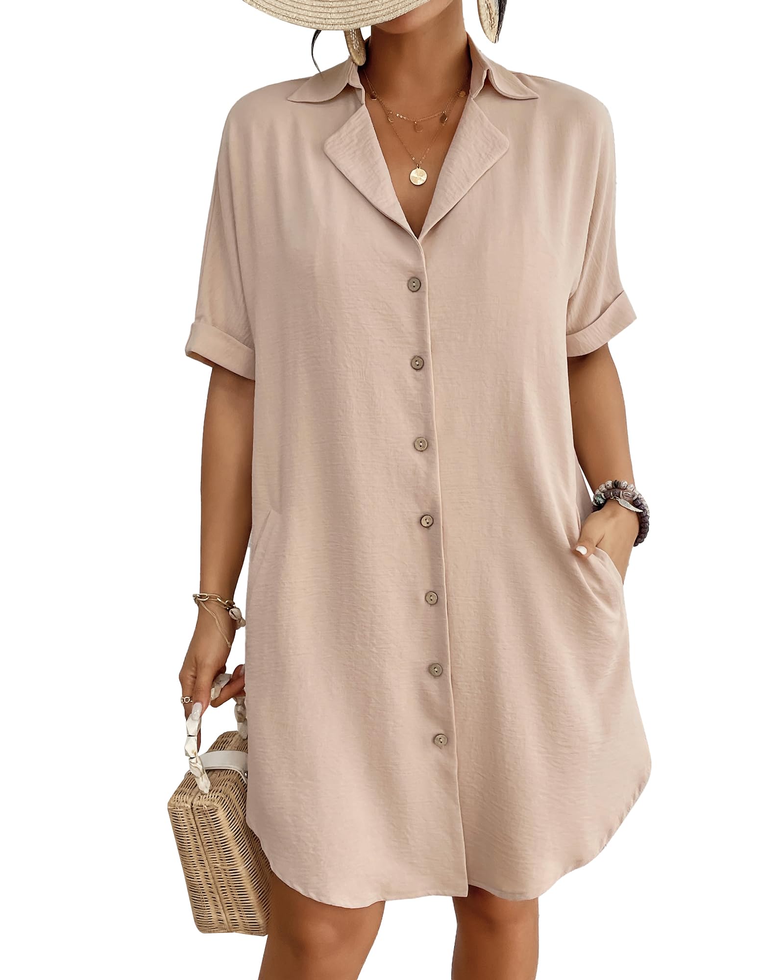 Bsubseach Badeanzug Coverup für Frauen Button Down Strand Schwimmen Cover Up Shirt Kleid Kurzarm Sommer Strandbekleidung