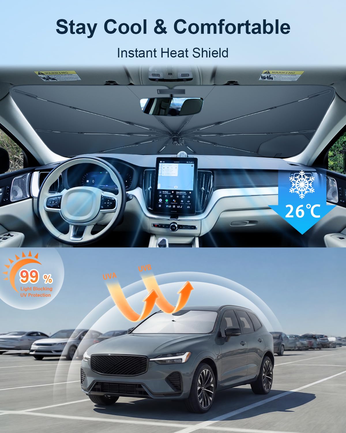 BIXUAN Osłona przeciwsłoneczna na przednią szybę samochodową, kompatybilna z Volvo XC60 2018-2025, 2026, parasol samochodowy, osłona przeciwsłoneczna, ochrona przed promieniowaniem UV, akcesoria XC60