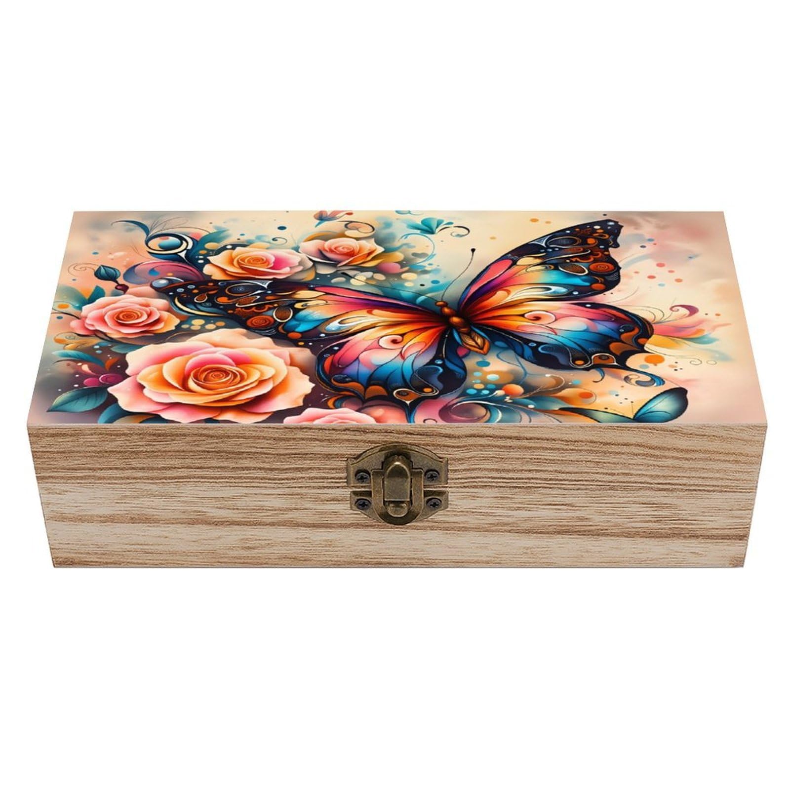 asbwuo Vibrant Butterfly Floral Vintage Wooden Keepsake Box