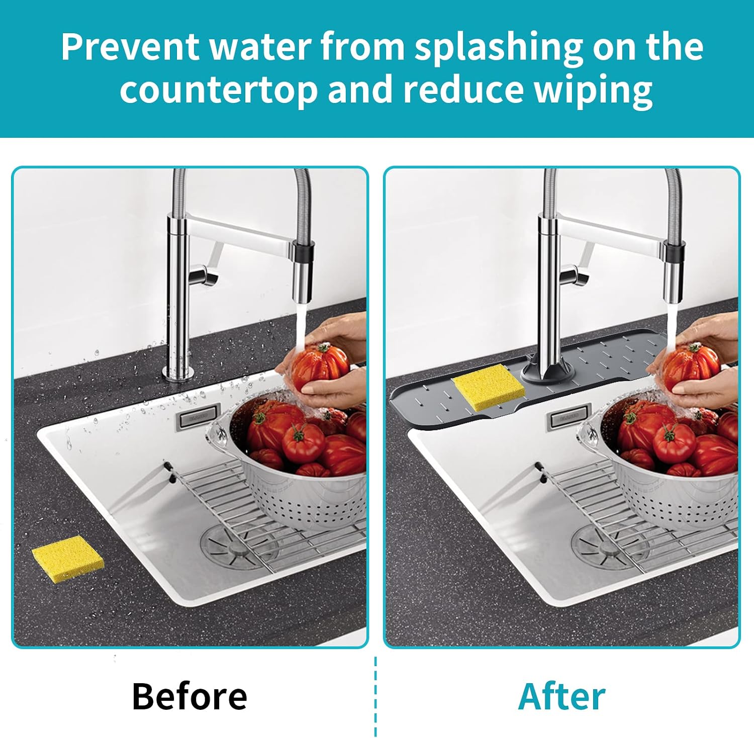 Kitchen Sink Splash Guard Mat - Silicone Sink Water Splash Catcher Pad Behind Faucet for Kitchen, Bathroom, Sink Draining Dish Drying Mat Countertop Splash Protector & Storage (Dark Grey)