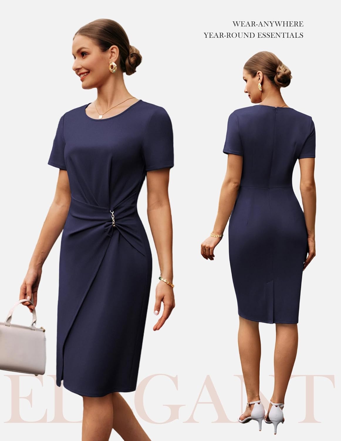 GRACE KARIN Work Dresses for Women 2026 Short Sleeve Sheath Business Midi Dress Ruched Bodycon Office Church Outfits - Image 3