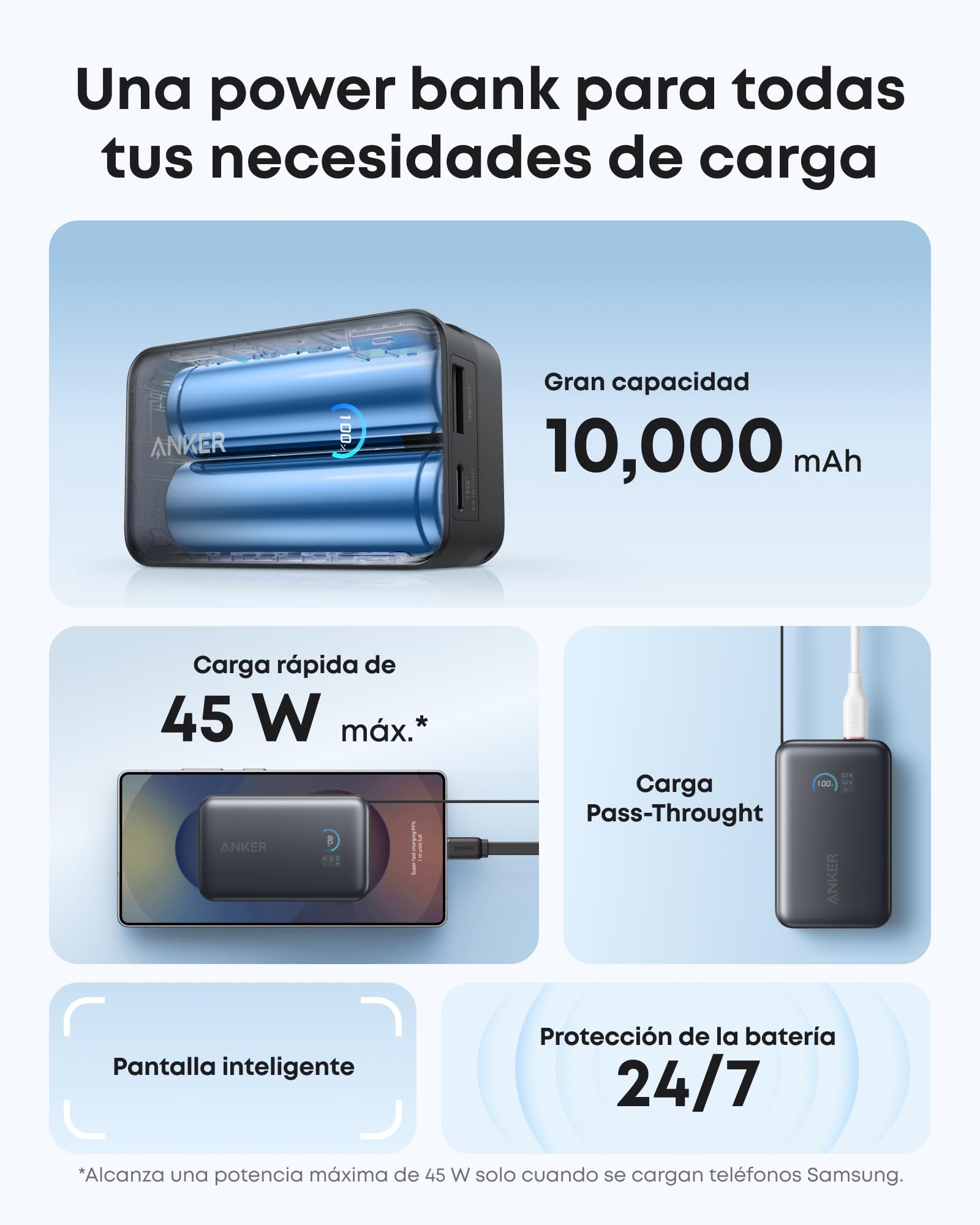 Anker Nano Power Bank Cargador portátil de 10000 mAh Cable retráctil Anker InstaCord de 70 cm batería de 45W de Potencia máxima, para iPhone 17/16, iPad, Galaxy, Pixel y más