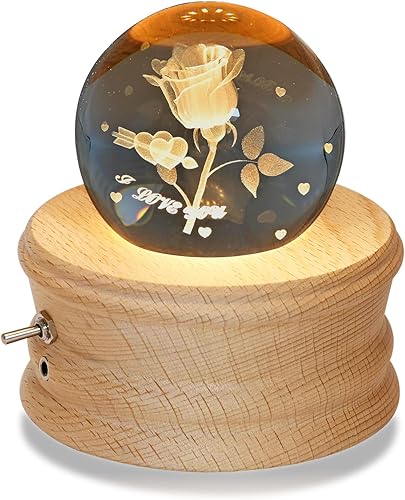 Kibuhain Caja de música de bola de cristal 3D con luz LED de proyección y base de madera giratoria, el mejor regalo para Navidad, cumpleaños, día de