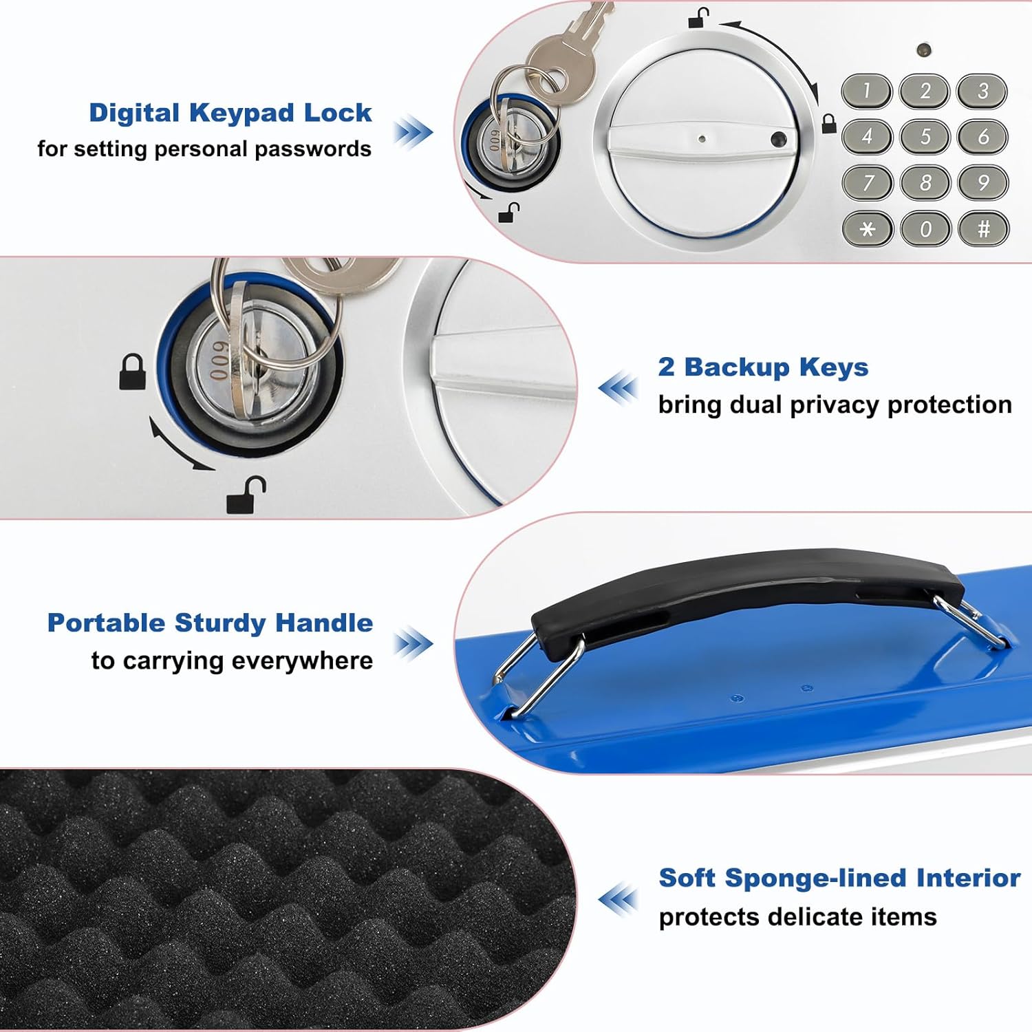 KYODOLED Blue Safe Box with Digital Keypad Lock, Lock Box with Code for Personal Items, Metal Security Box for Cash, Passport, Jewelry, Ideal for Home, Office, Garage Sale, 11.8'' x 9.4'' x 3.5''