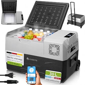 Juskys Kompressor Kühlbox 30 Liter 12/24/230 V für Auto, LKW, Reisemobil, Camping - Mini Kühlschrank kalt & warm - Kompressorkühlbox Steckdose - Grau