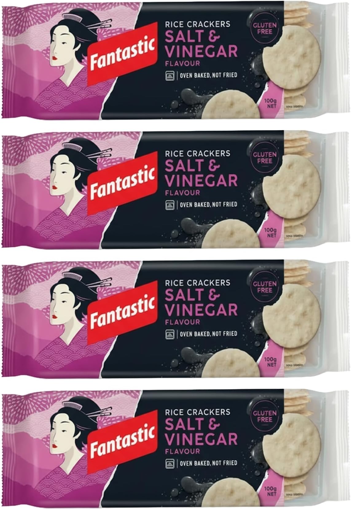 Fantastic Rice Crackers Salt & Vinegar, Authentic Thai Recipe, Oven Baked Crunchy Snack, Vegan & Gluten Free, Low Calorie, 100g (Pack of 4)