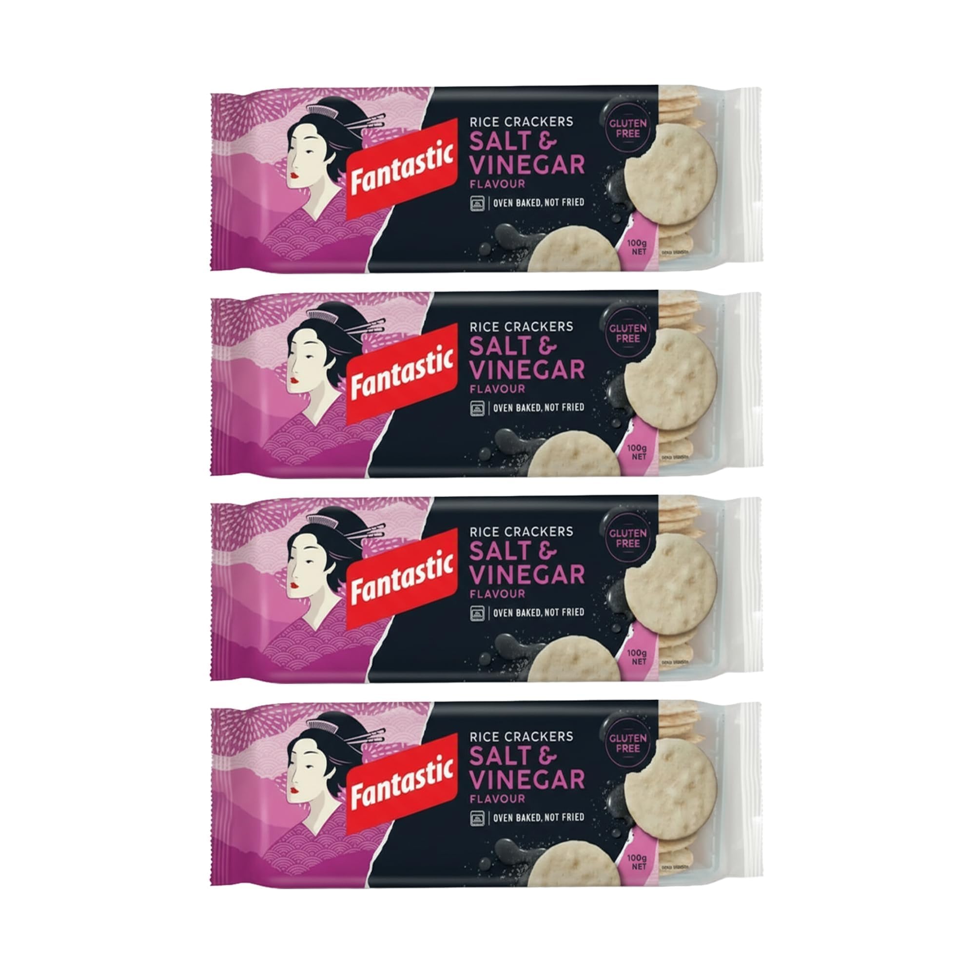 Fantastic Rice Crackers Salt & Vinegar, Authentic Thai Recipe, Oven Baked Crunchy Snack, Vegan & Gluten Free, Low Calorie, 100g (Pack of 4)