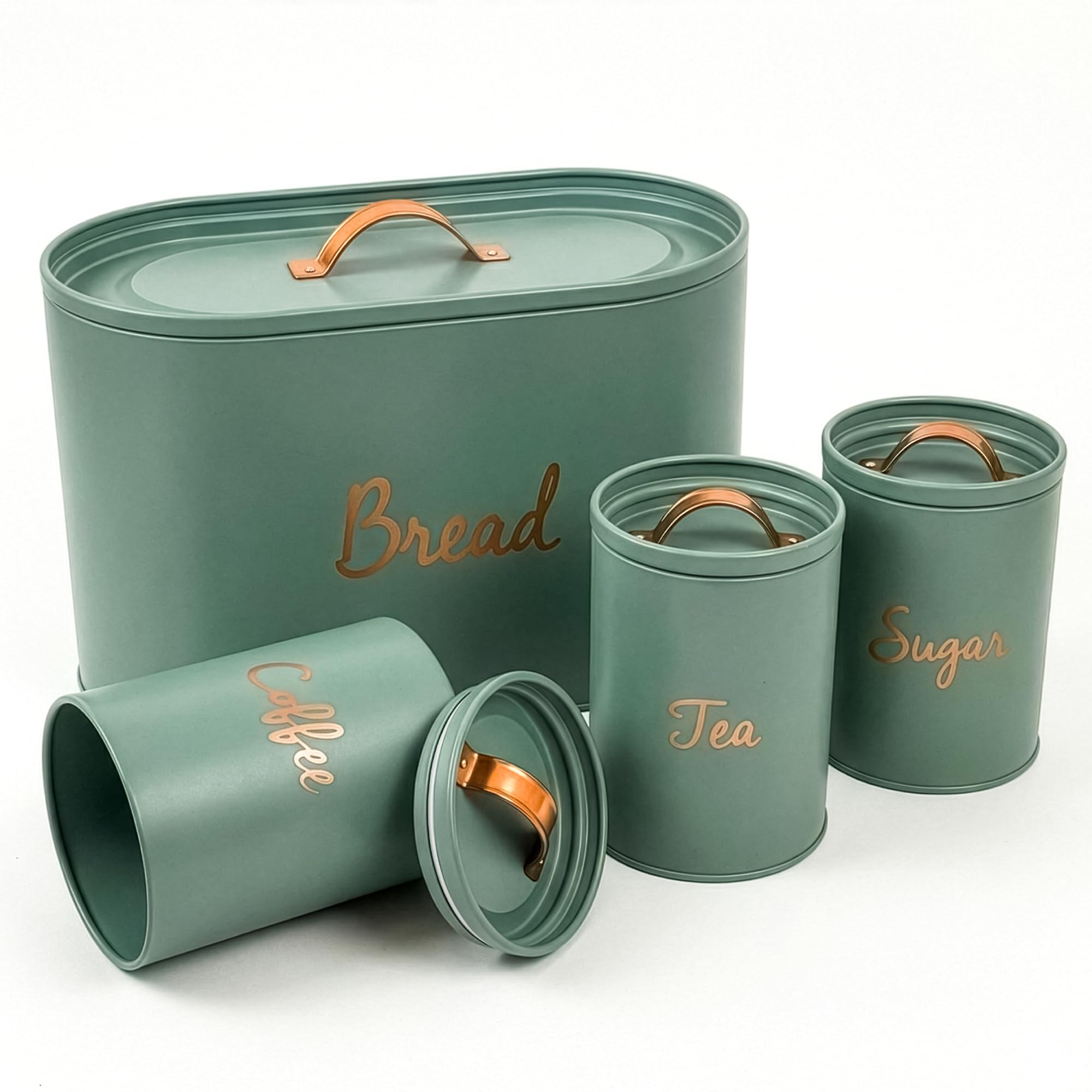 Winsome Green Tea Coffee Sugar Canisters With Bread Bin | Kitchen Canister Sets With Airtight Metal Lids (4 Pcs) | Kitchen Storage Set For Home (Green)