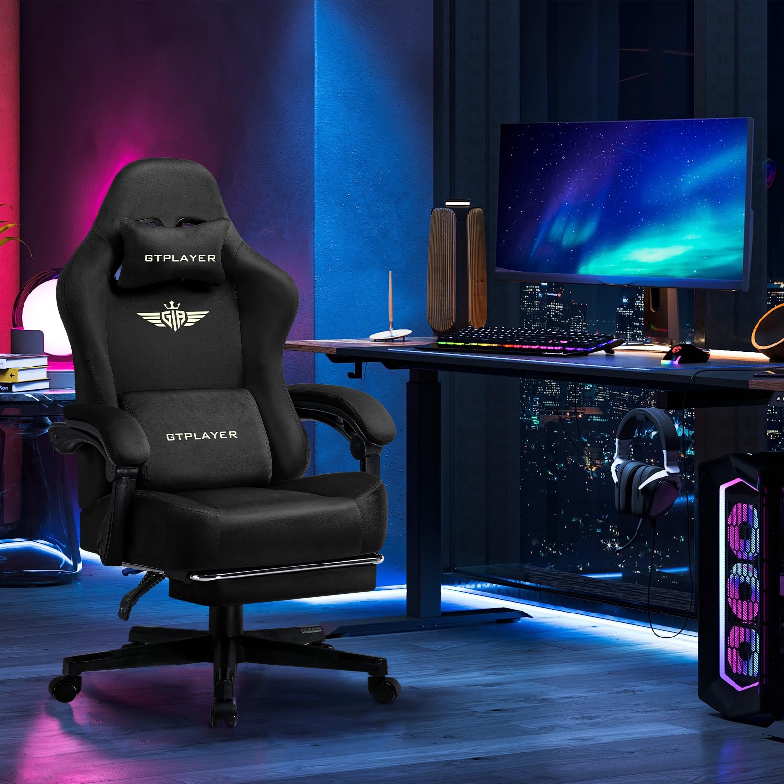 GTPLAYER Gaming Stuhl, Atmungsaktiver Bürostuhl, bürostuhl ergonomisch, Hochwertiger - Stoff, Ergonomischer PC Stuhl, 160° Verstellbare Rückenlehne und ausziehbare Fußstütze,Tragkraft 180 kg, Schwarz