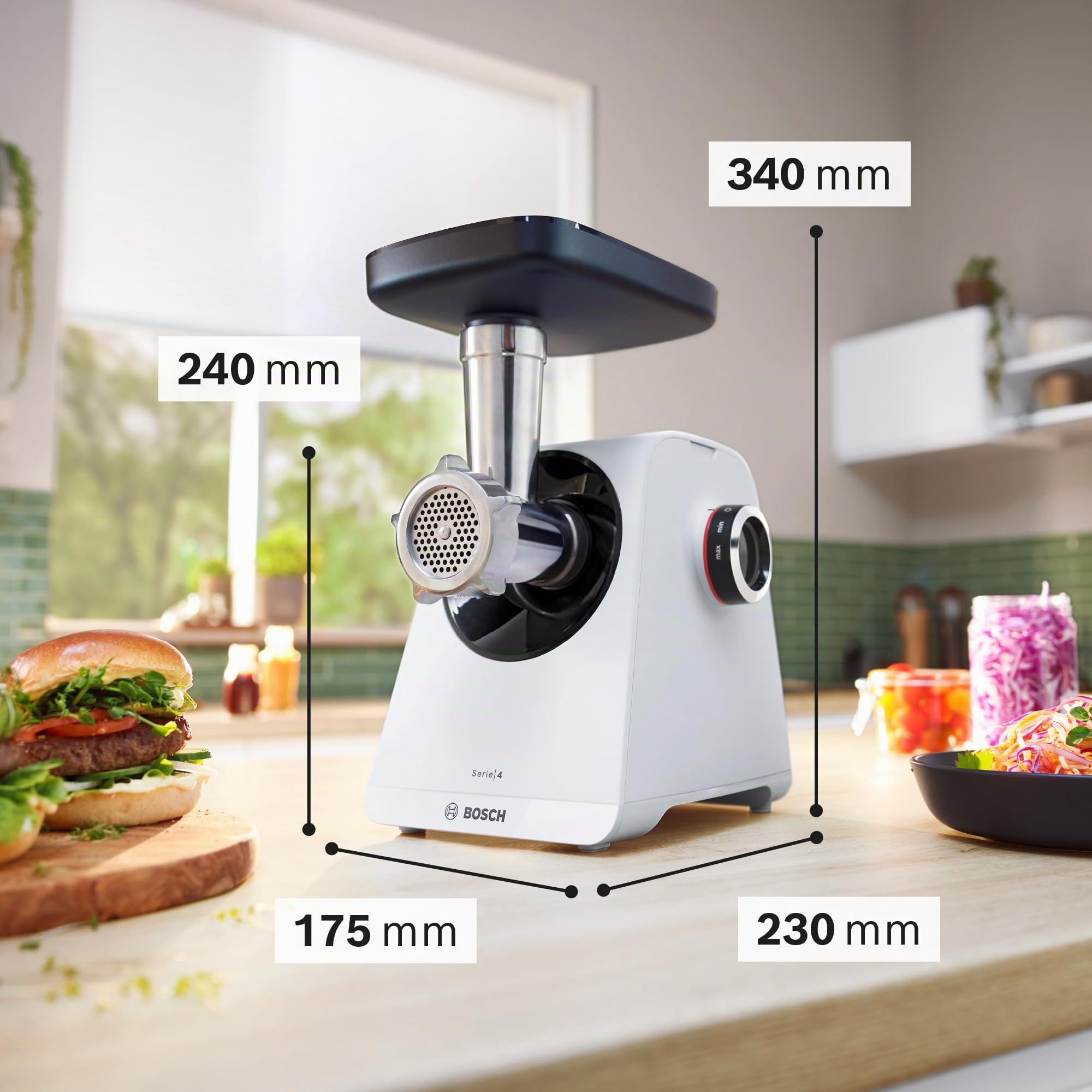 Bosch - Picador de carne, MultiPower, Serie 4, 1900 W, Molinillo, Accesorio para salchichas, Blanco, MFWS420W