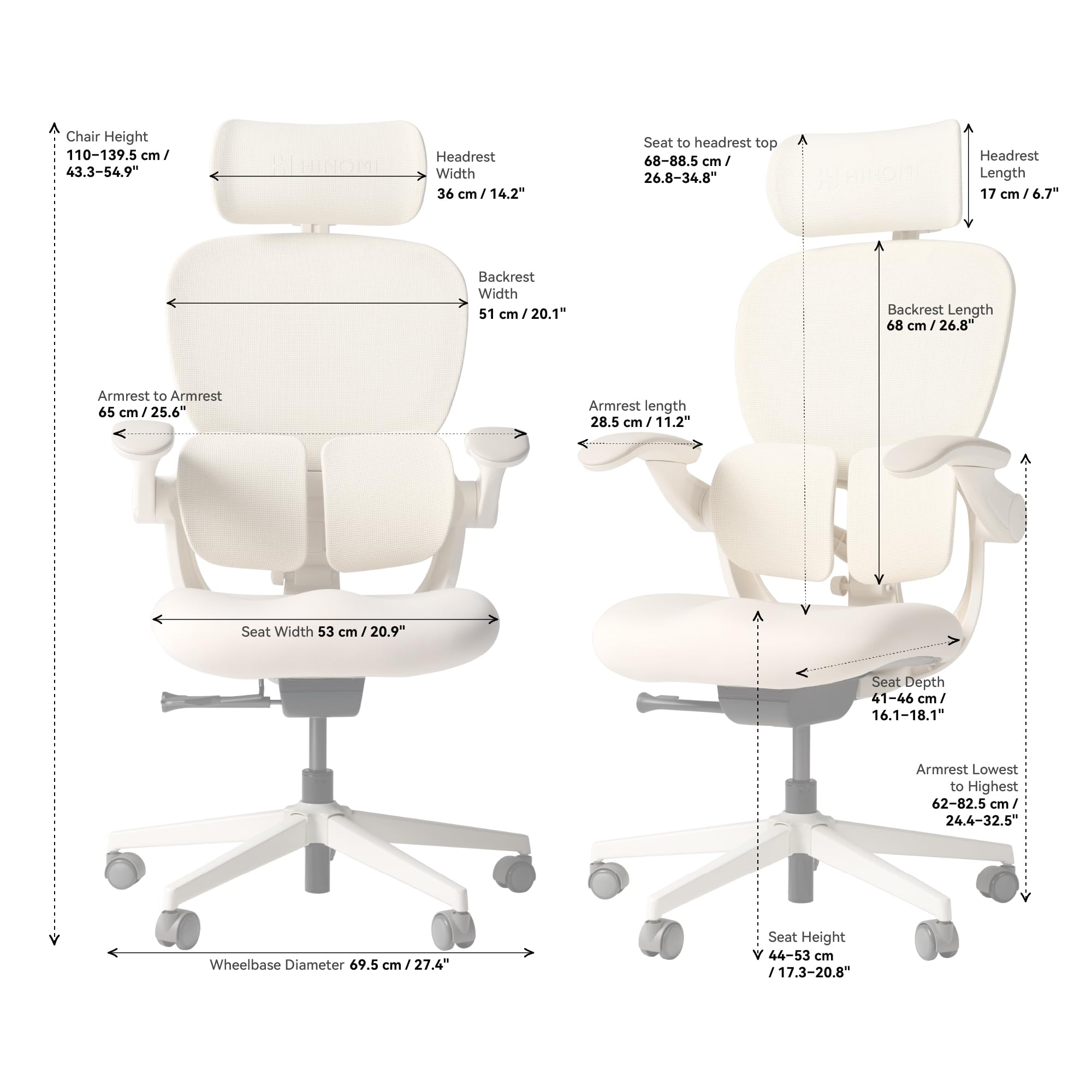 HINOMI Q2 Ergonomischer Bürostuhl mit Lendenwirbelstütze, verstellbarem Kopfstütze, Mesh-Sitz, klappbaren Armlehnen, neigbar mit Fußstütze, stilvolles Modell für Home Office & Studium (Grau)