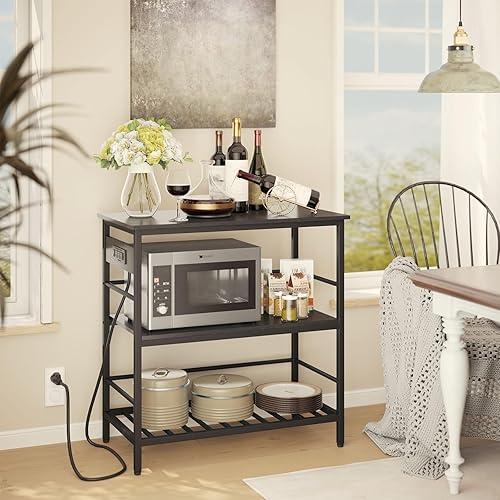 Miniatura 7 de IBUYKE Isla de cocina con almacenamiento, estante para panaderos con toma de corriente, soporte para microondas con encimera grande, carrito de