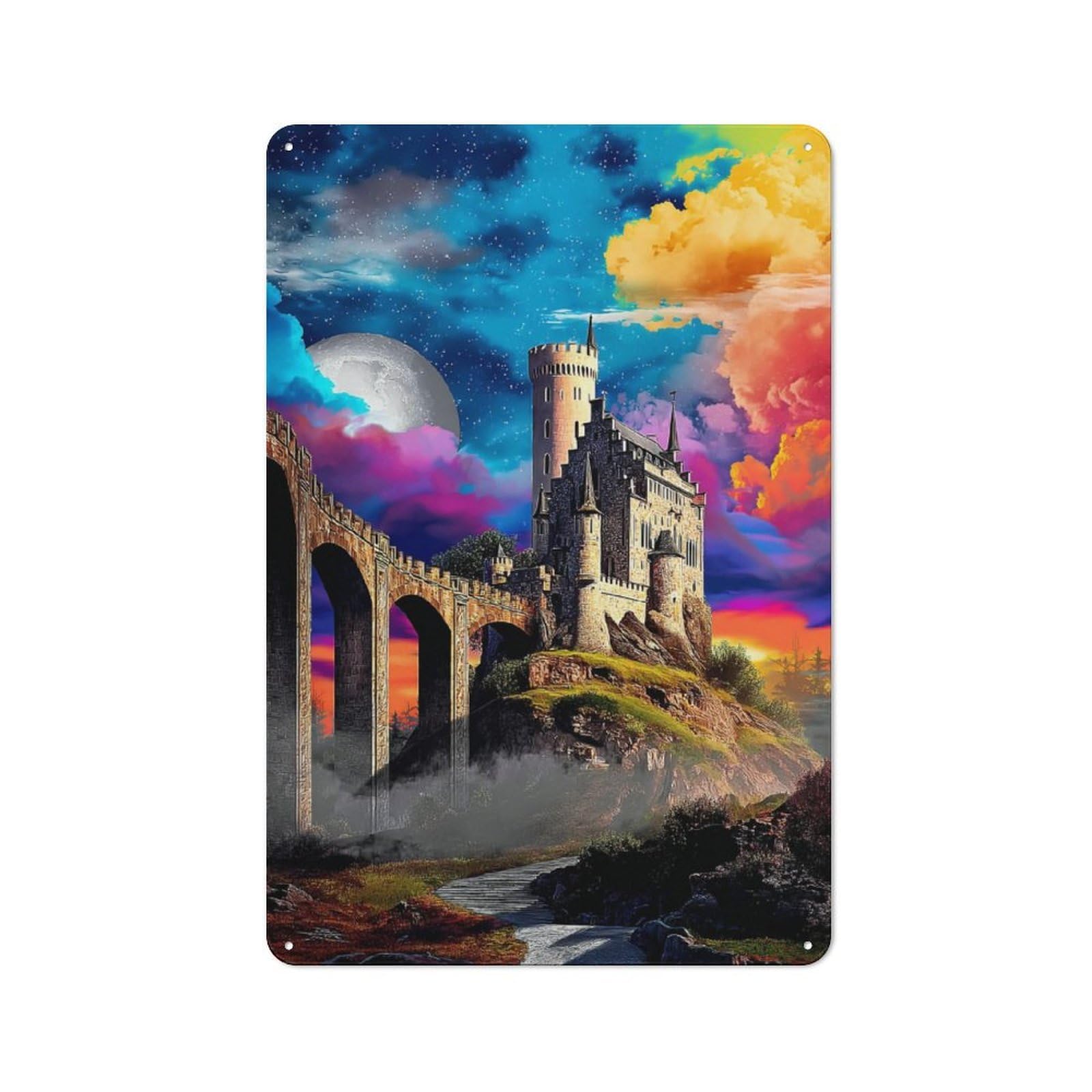 Junmoney Fantasy Castle Under A Starry Sky Tin Wall Plaque 30X20cm With For Workshop Wall, Suited To Makers And Diy Enthusiasts