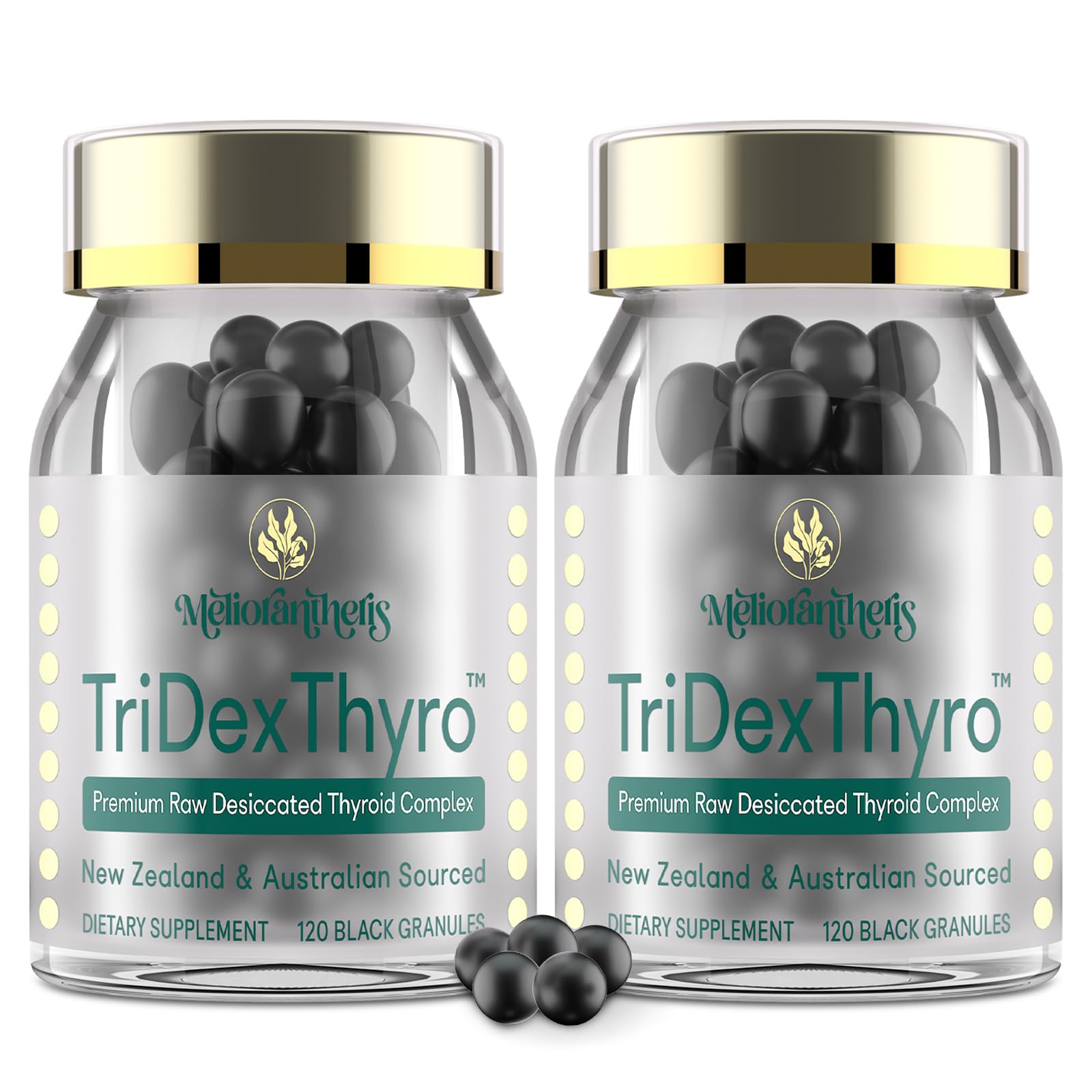 Thyroid Supplement – TriDexThyro™ Raw Desiccated Thyroid Complex 375 mg with Bovine, Porcine &amp; Ovine –120 Capsules for Women and Men（2 Pack）