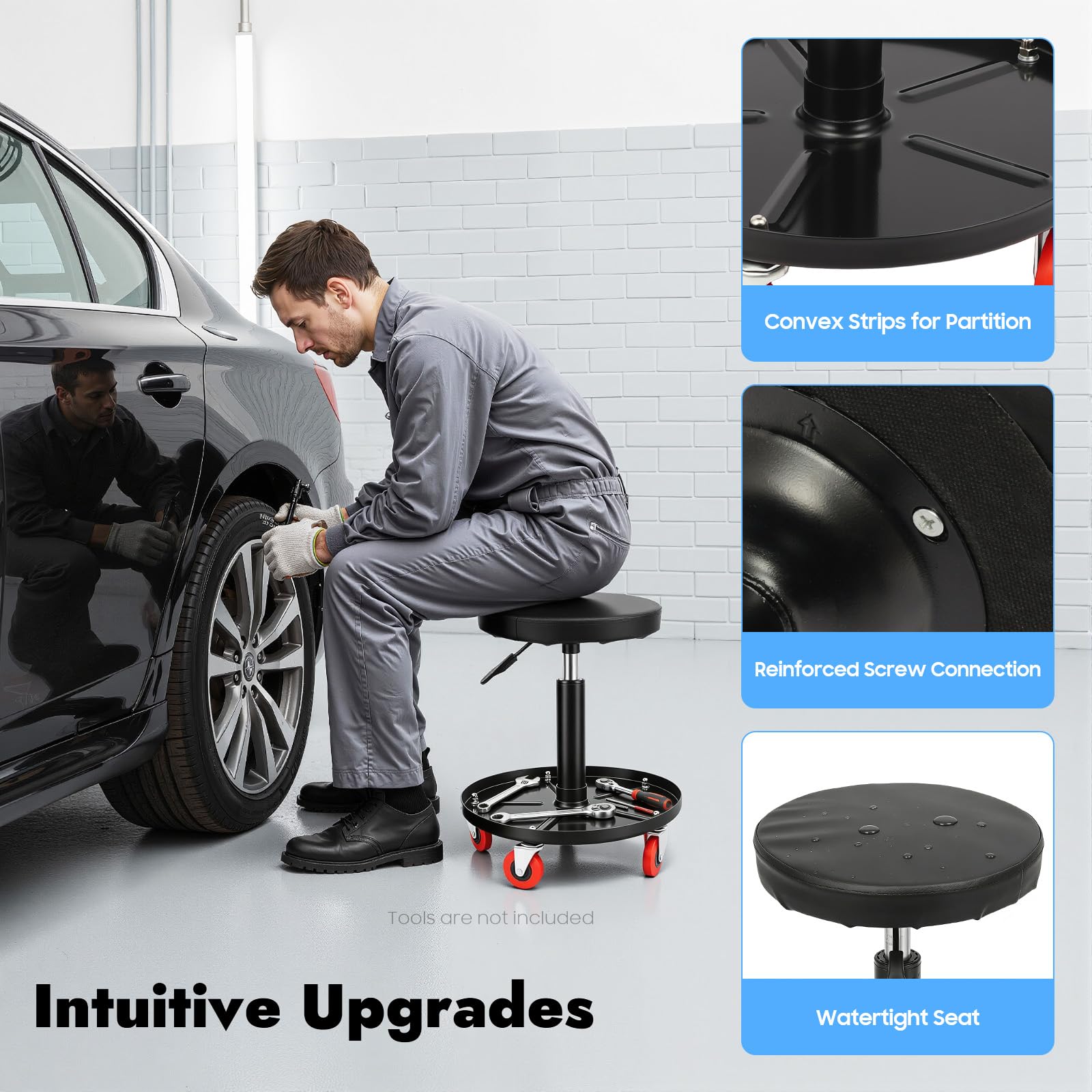 Asiento de taller, taburete de taller con ruedas, bandeja de almacenamiento, rotación de 360°, altura ajustable para reparación de coches, mantenimiento, tiendas, oficinas