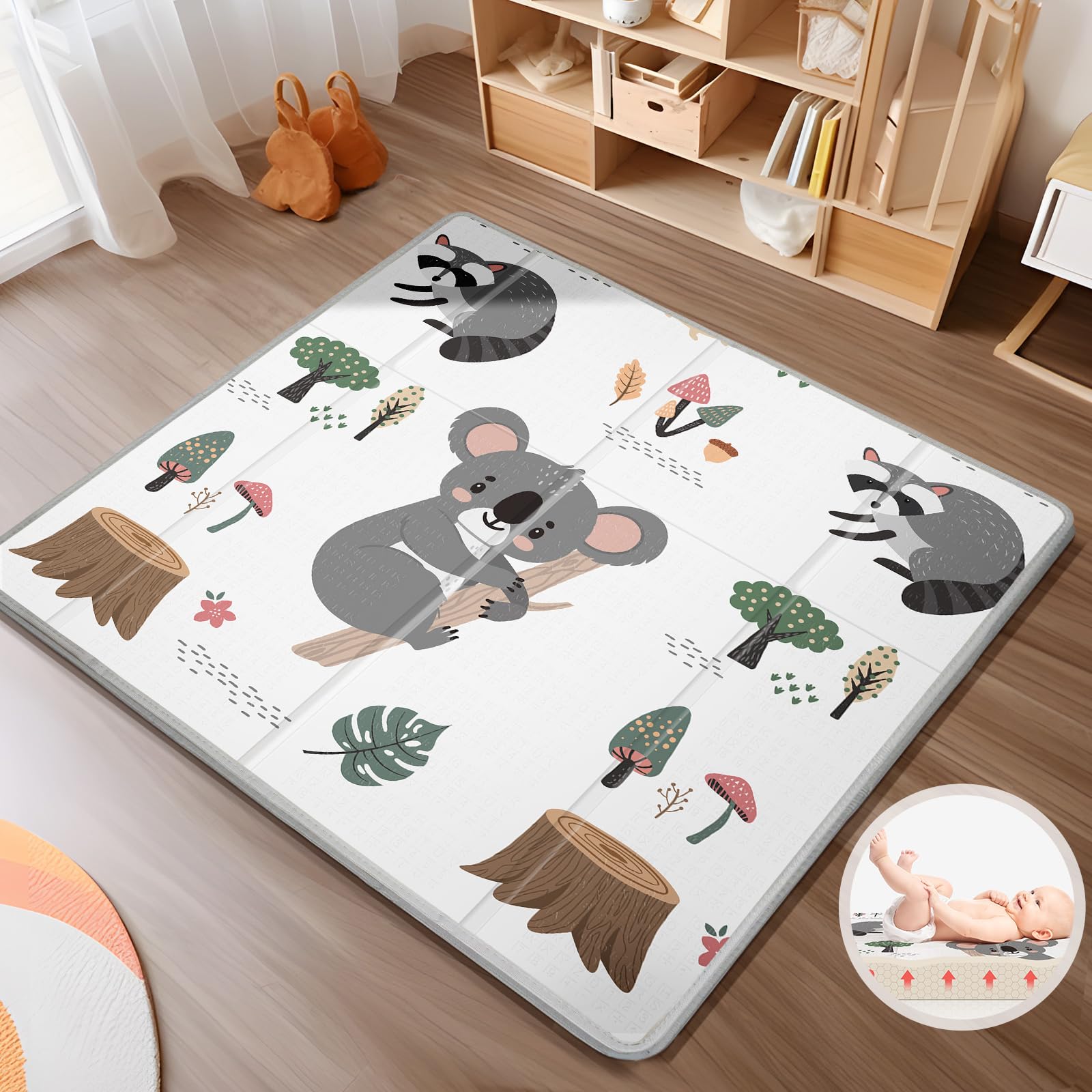Foldable Baby Play Mat, PIGLOG 0.6in Thick Waterproof Playmats for Babies and Toddlers Kids, Safe Foam Playmat for Tummy Time, 50x50 Playpen Mat, Reversible Portable Baby Floor Mat for Infant, Koala Koala 50 x 50 x 0.6 Inch