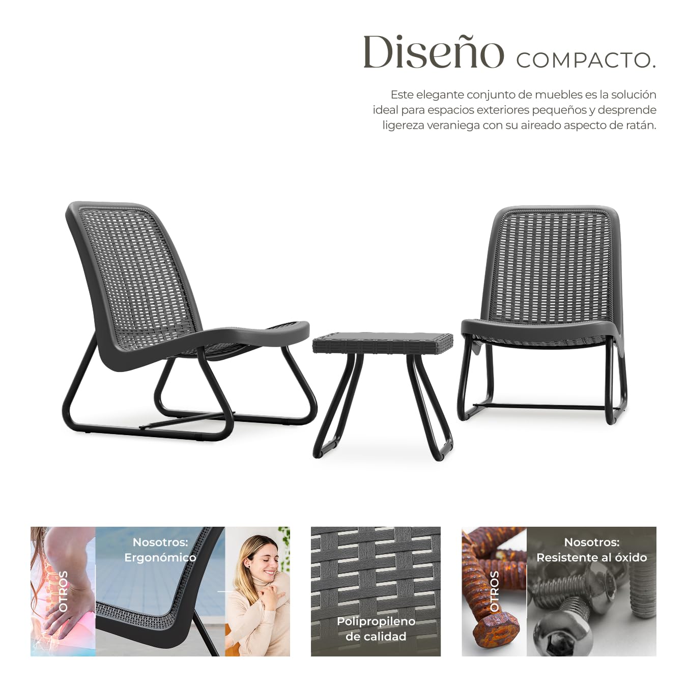 tectake® Conjunto de Sillas de Jardín con Mesa Auxiliar, Ratán, Acero Recubierto, Antideslizante, Mobiliario Jardin, Conjunto Jardin Terraza, Sillones Jardín Exterior, Butacas Jardin - Gris