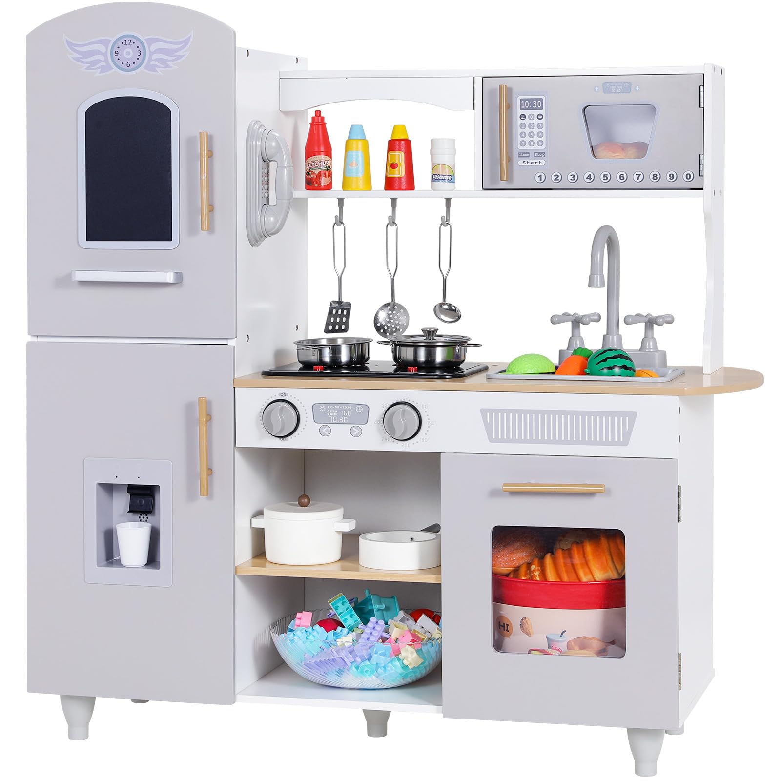 MAMIZO Cucina Bambini Legno, con Pentole e padelle, Telefono, Lavello, Fornelli, Macchina del Ghiaccio, Cucina Giocattolo per Bambini con Luci e Suoni, 79x82x30 cm, Grigio