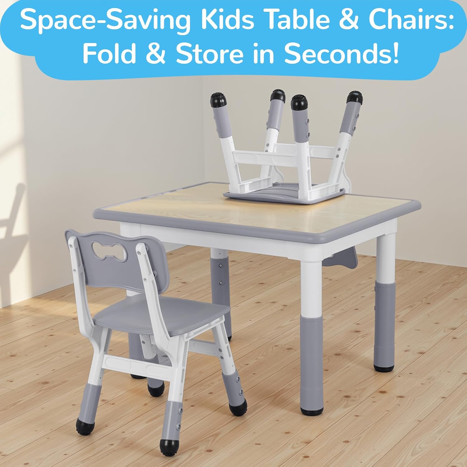 Arlopu Kids Table and 2 Chairs Set, Height Adjustable Toddler Desk (31.5" L x 23.6" W), Anti-Slip Legs & Graffiti Rectangular Desktop, Multi-Activity Table for Daycare, Homeschool, Playroom (Grey)