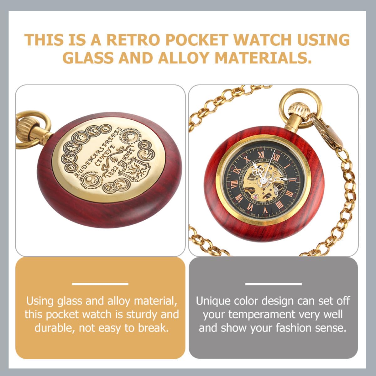 Reloj de Bolsillo Vintage Mecánico Cadena, Diseño de Madera y Aleación, Estilo Antiguo y Fácil de Llevar para Uso Diario