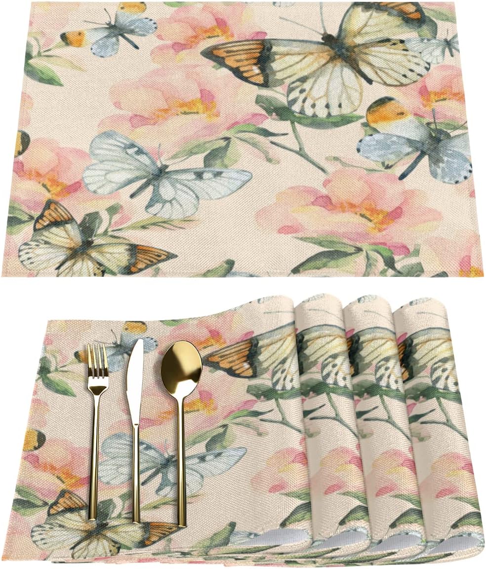 Butterfly Floral Painting Placemats Set of 6 18x12 Inch - Protect Your Table in Style with These Heat-Resistant & Easy-to-Clean Mats