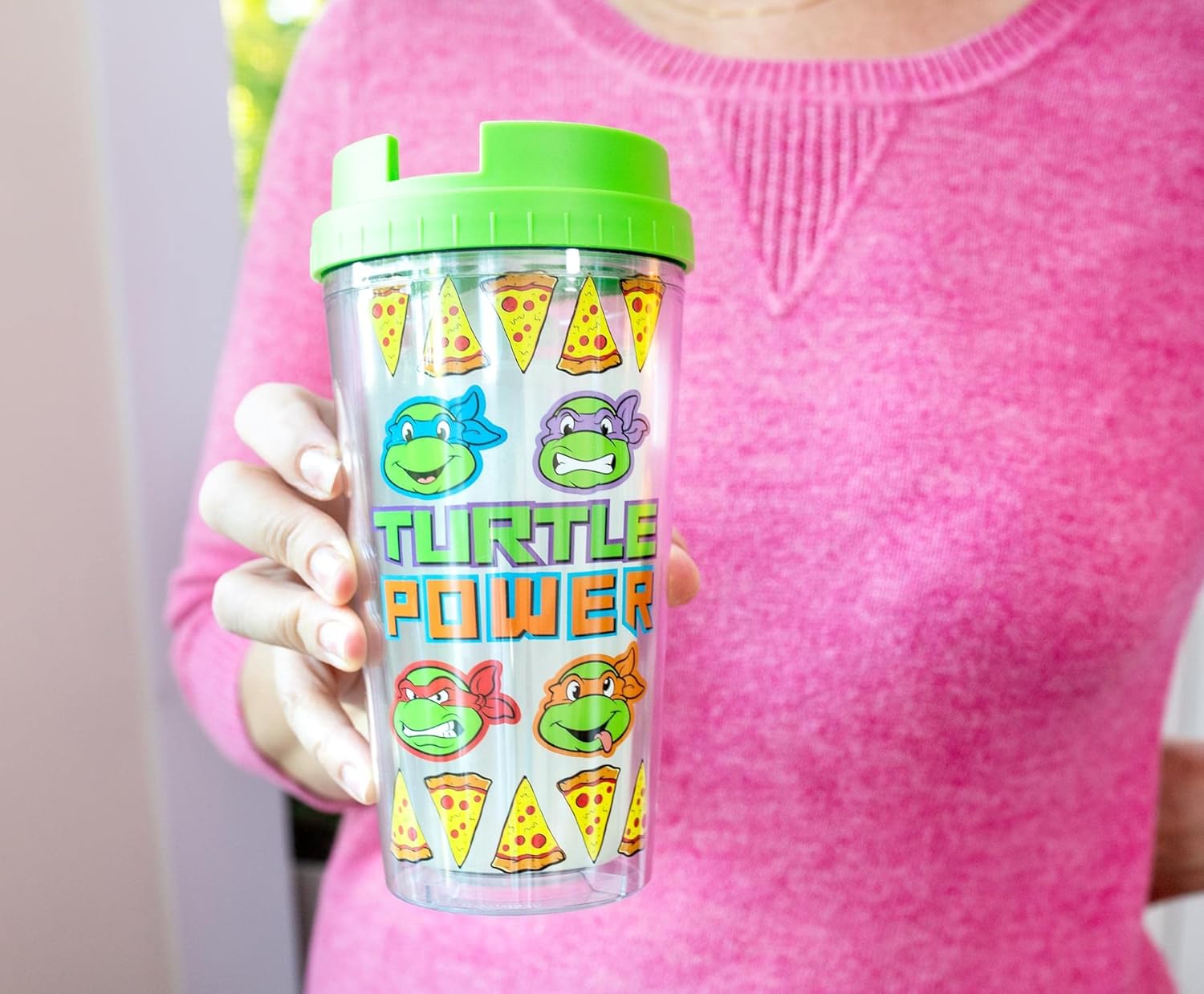 Silver Buffalo Teenage Mutant Ninja Turtles Pizza Slices Plastic Travel Tumbler With Leak-Resistant Flip Lid | Holds 16 Ounces - Image 5