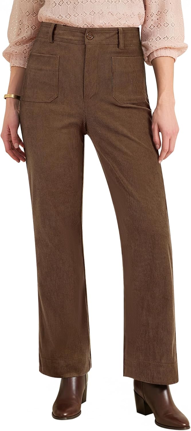 GRAPENT Corduroy Pants Women High Waisted Wide Leg Trendy Patch Pocket Fall Winter Dressy Casual Elastic Waist Trousers