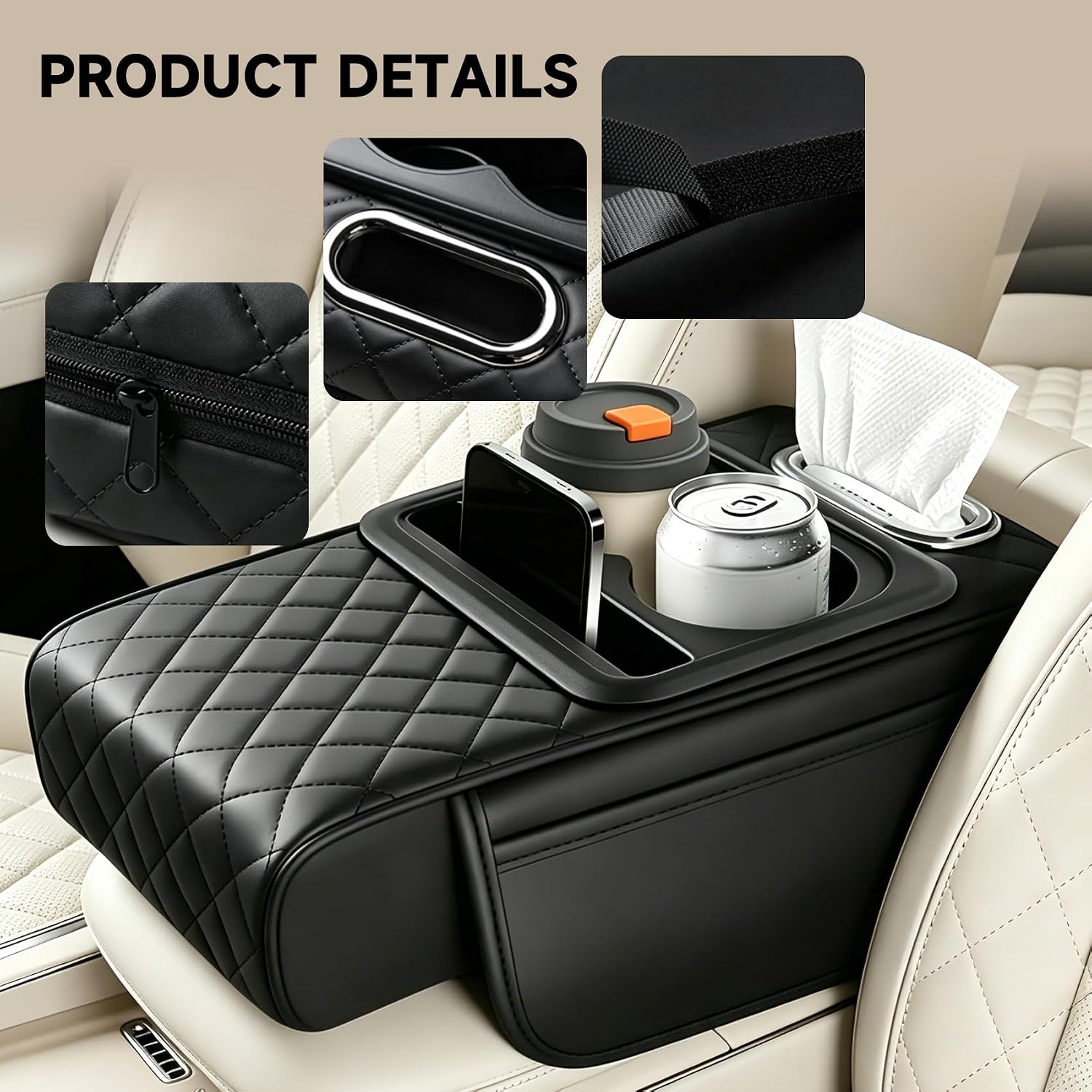5 in 1 Car Center Console Cover, Car Armrest Cover with Cup Holder, Leather Auto Armrest Box Pad with Phone Holder & Storage Bag, Memory Foam Middle Console Cushion for Vehicles (Black)