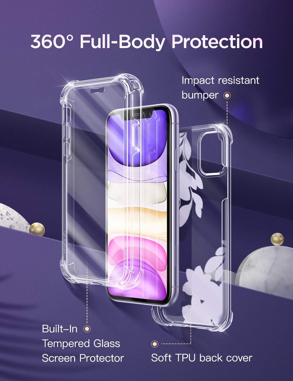 GVIEWIN Floden Series iPhone 11 Case 6.1 Inch 2019, [Built-in Tempered Glass Screen Protector] Full-Body Clear Flower Rugged Bumper Shockproof Protective Phone Cover (Mysterious Leaves/Purple)