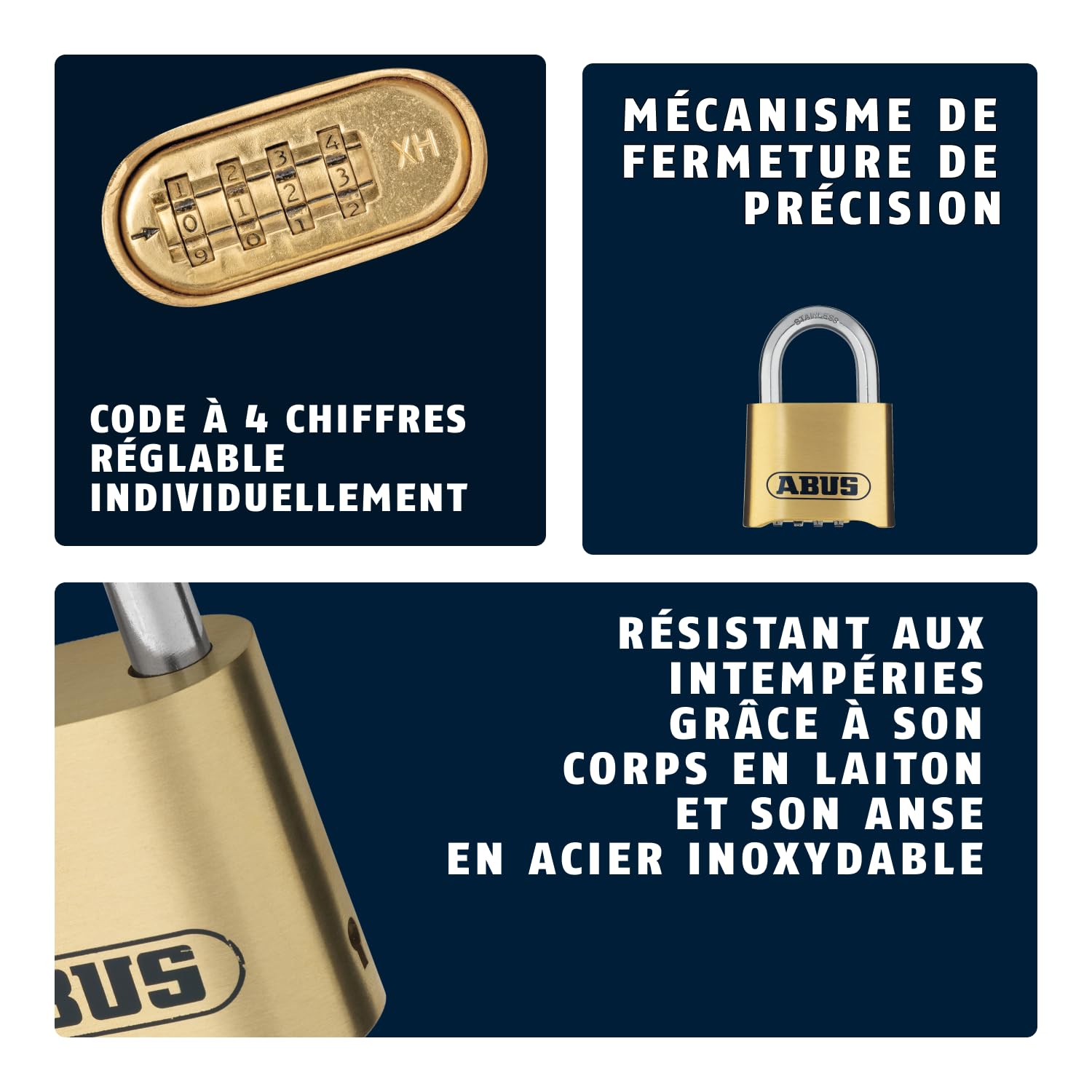 ABUS Cadenas à combinaison 180IB/50 - Cadenas en laiton - résistant aux intempéries - avec code numérique réglable individuellement - niveau de sécurité ABUS 5 - couleurs laiton