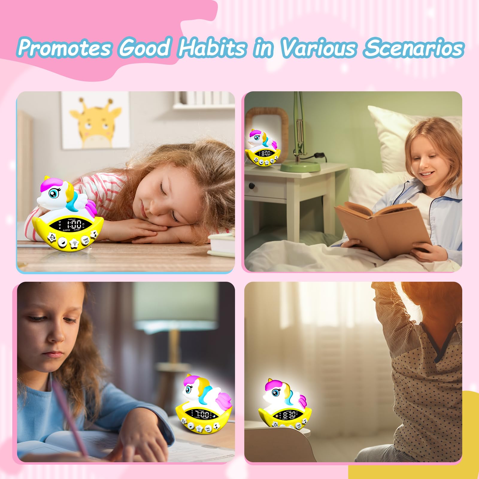 DoliWish Alarm Clock Ok to Wake Up Clock for Kids Sleep Training for Toddlers Night Light and White Noise Clock Stay in Bed Rechargable Battery Cartoon Shape