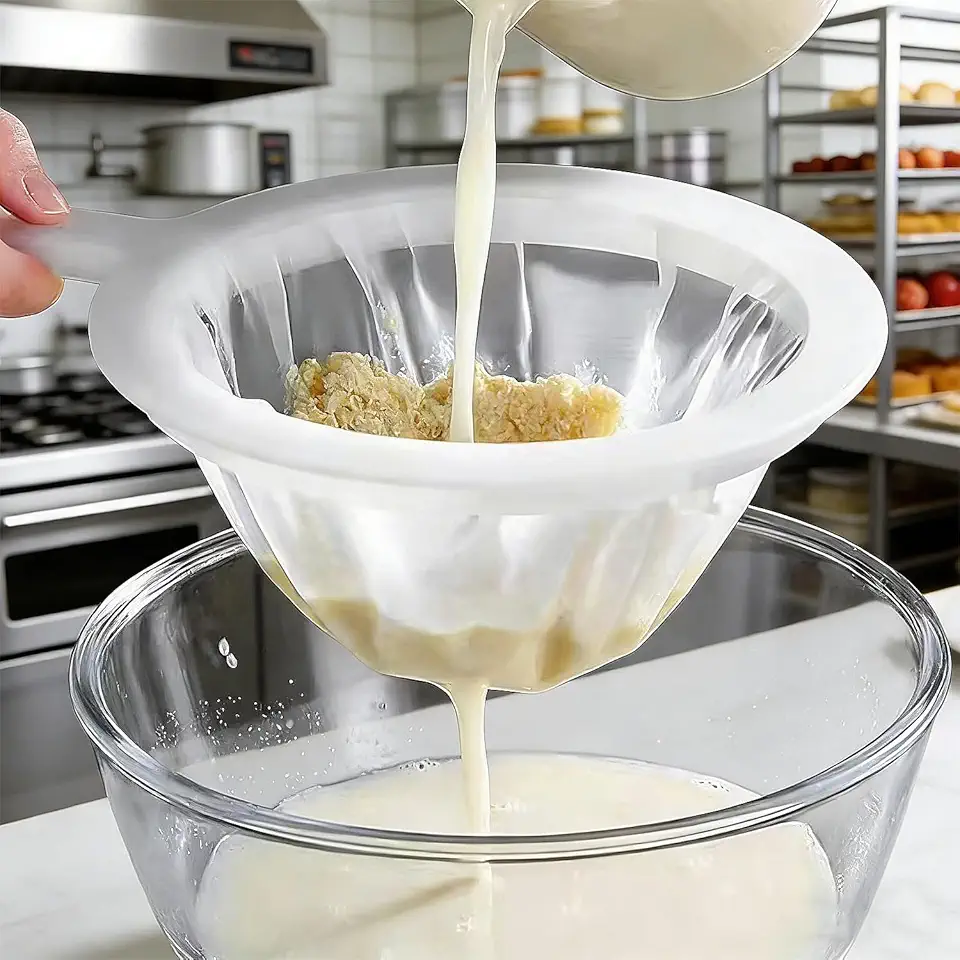 Coador de malha de nylon ultrafino White Kitchen, peneira de plástico de malha fina com alça ferramenta de cozinha para leite de soja, café, suco (malha 200)