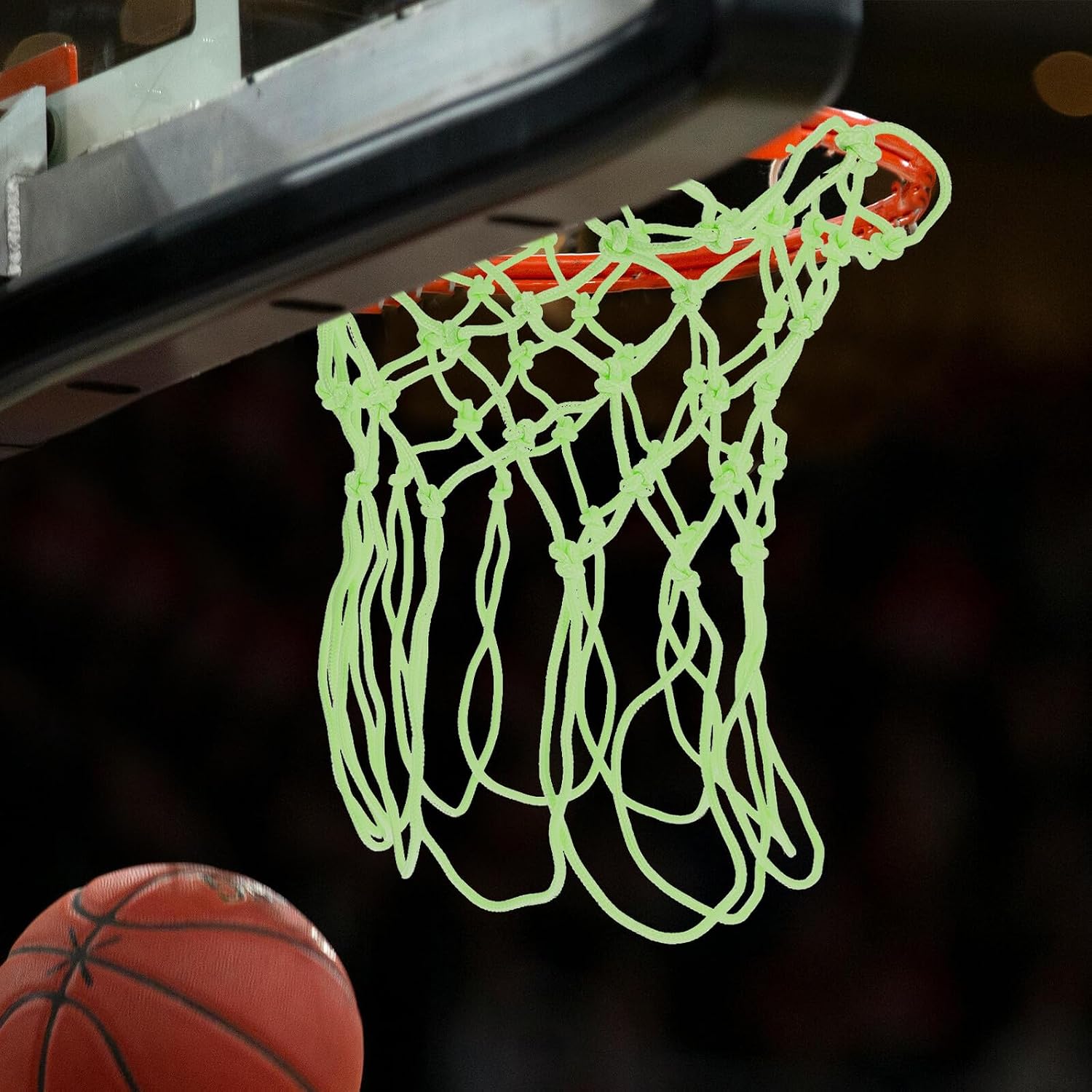 Glow in Dark Heavy Duty Outdoor Basketball Net, 12-Hook 50cm Nylon Replacement Net for Evening Sports, Fluorescent Green Basketball Accessory for All-Weather Use