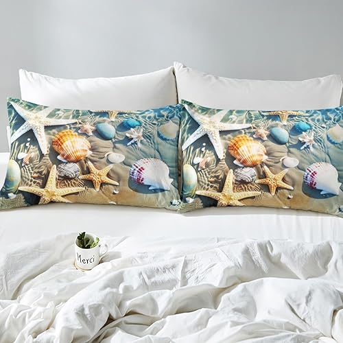 Miniatura 4 de Coastal Beach Ocean - Juego de sábanas para niños, diseño de estrella de mar, conchas y conchas de mar, para dormitorio infantil, sábanas de