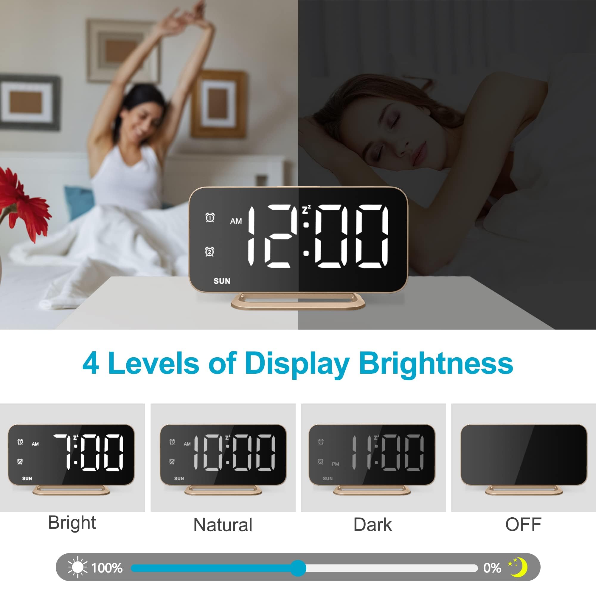 JALL Despertador digital LED delgado con superficie de espejo con función de atenuación, pantalla grande, fácil ajuste y puertos de carga USB